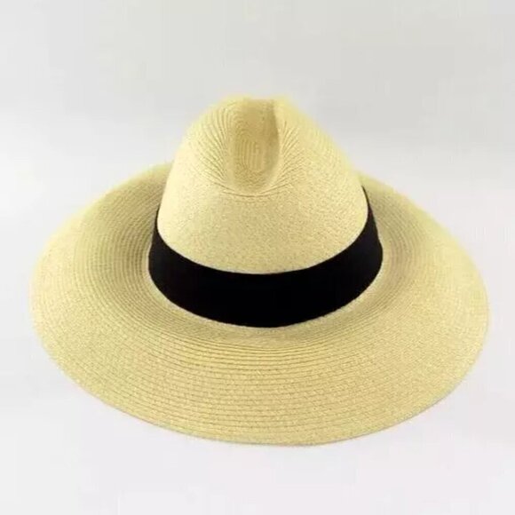 Aqua Bloomingdale's Straw Sun Hat Made in Italy Beige Black Wide Grosgrain Band - Picture 1 of 5